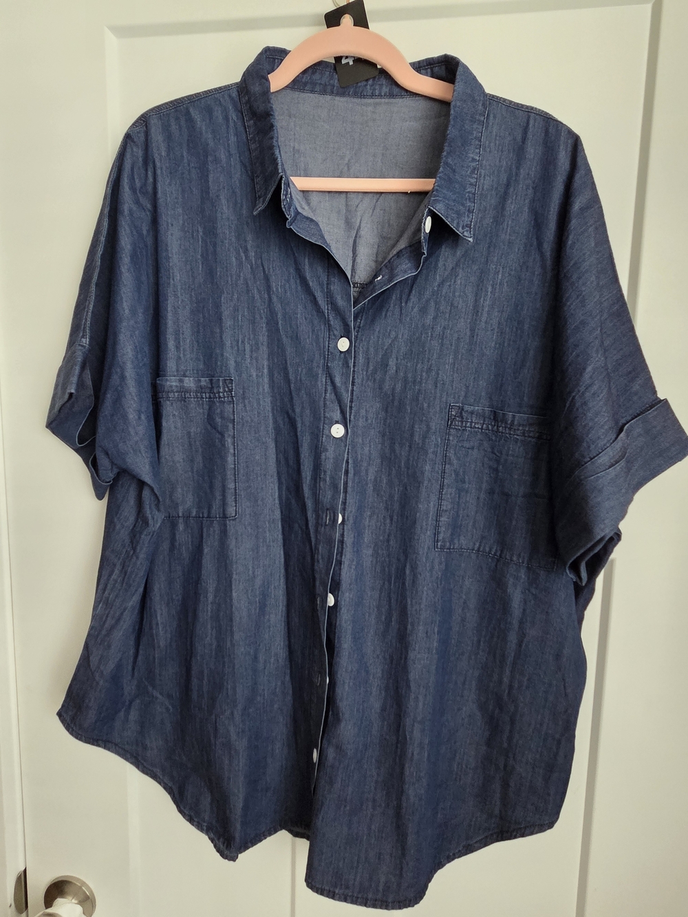0037.  Short-Sleeve Chambrey Denim Button-Up Shirt - Blue